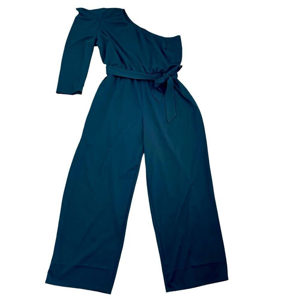 Ashley Stewart Emerald Green One Shoulder Belted Jumpsuit 30/32 Plus AS150653X